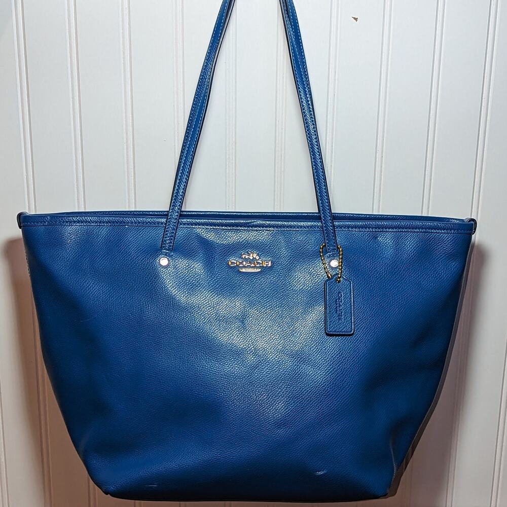 Coach Street Zip Large Tote Blue Teal Turquoise Pebbled Leather